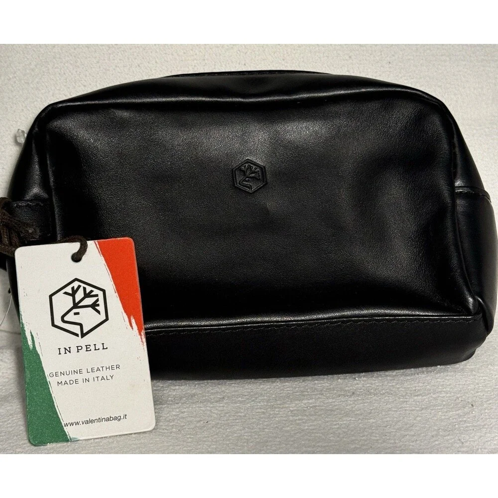 IN PELL Black Leather Dopp Kit Toiletry Bag Zip Inner Pockets Top Handle Italy